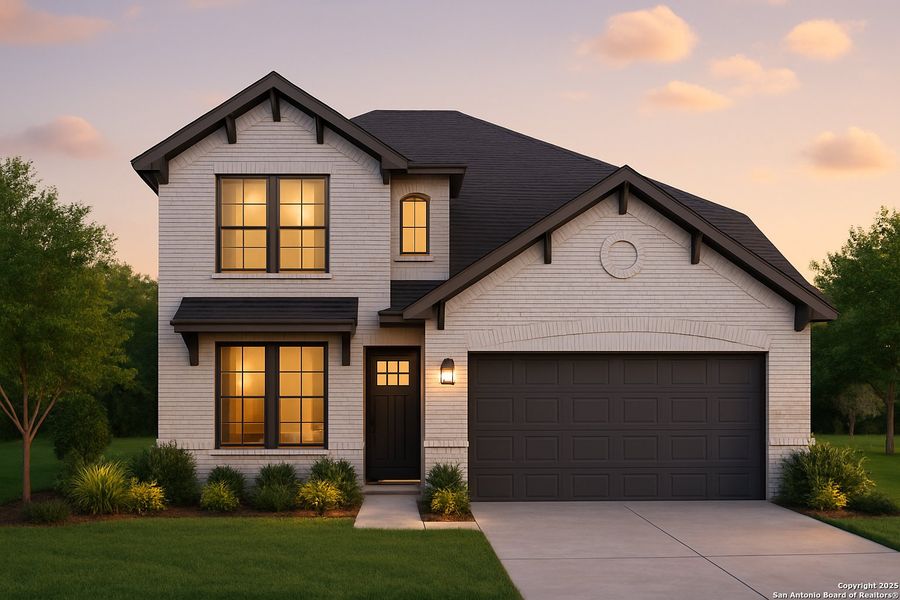 Front exterior of a new home in Vista Ridge, Live Oak, TX, highlighting curb appeal (Image 1).