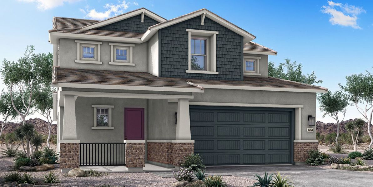 Front exterior of a new home in Mesquite at North Creek, Queen Creek, AZ, highlighting curb appeal (Image 21). Front exterior of a new home in Mesquite at North Creek, Queen Creek, AZ, highlighting curb appeal (Image 21).