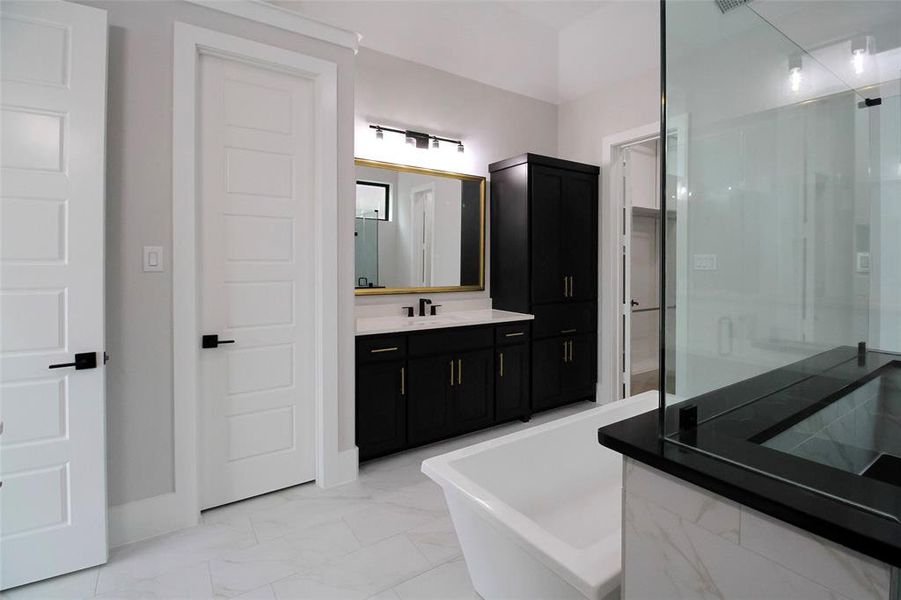 Bathroom with vanity and independent shower and bath