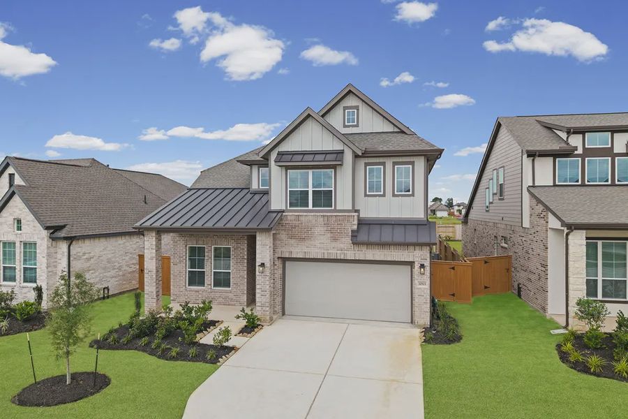 Front exterior of a new home in Wildrye 45', Waller, TX, highlighting curb appeal (Image 2). Front exterior of a new home in Wildrye 45', Waller, TX, highlighting curb appeal (Image 2).