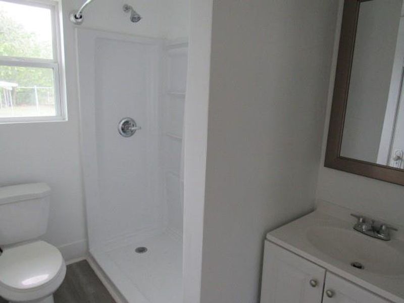 Full bathroom featuring a shower stall, vanity, and wood finished floors Full bathroom featuring a shower stall, vanity, and wood finished floors
