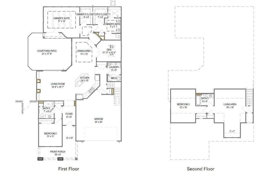 2D floor plan layout of this home in The Courtyards at Quail Park, Mint Hill, NC (Image 2).