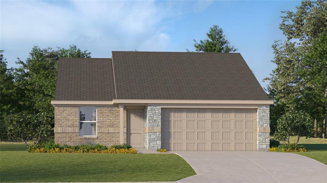 View of front facade featuring a garage and a front lawn