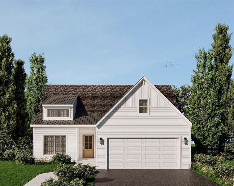 View of front facade featuring asphalt driveway, a garage, and a shingled roof