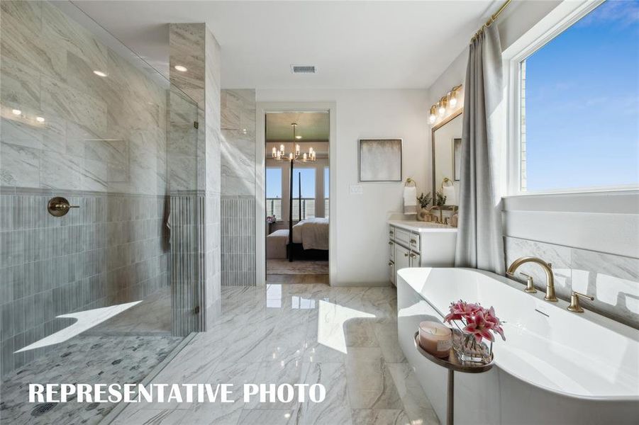 Whether it's soaking you cares away in the beautiful tub or indulging a long luxurious shower...this owner's bath is a dream come true!  REPRESENTATIVE PHOTO
