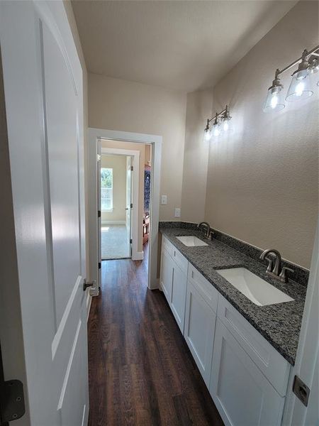 Bathroom with hardwood / wood-style flooring and vanity