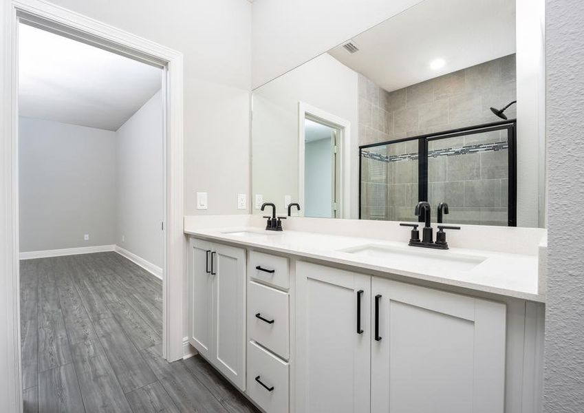 Double sink vanity and lots of cabinet space in the master bathroom