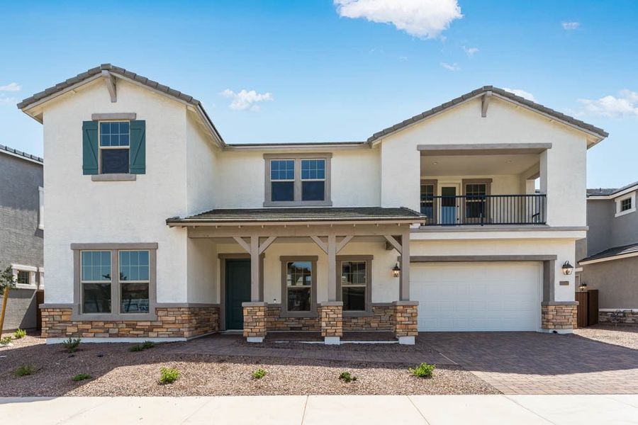 Front exterior of a home in the Ellsworth Ranch Voyage Collection community, located in Queen Creek, AZ (Image 11).