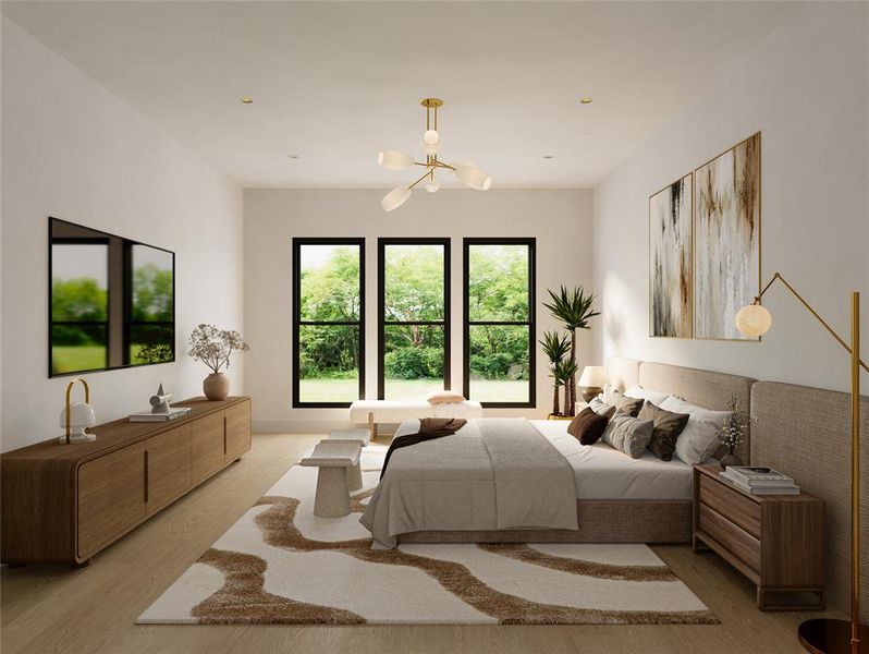Bedroom featuring light wood-style floors and a chandelier Bedroom featuring light wood-style floors and a chandelier