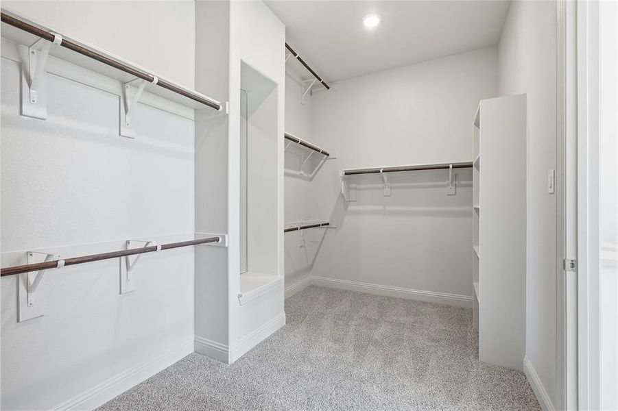 Walk in closet with light colored carpet