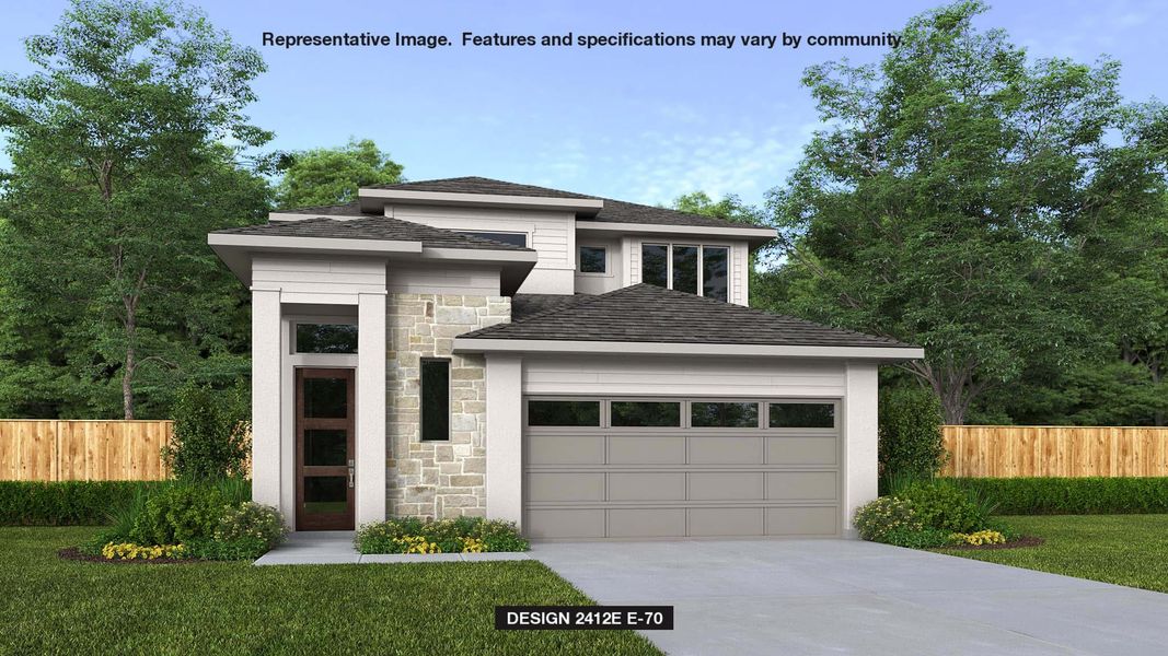 Prairie-style house with stone siding, an attached garage, driveway, and fence