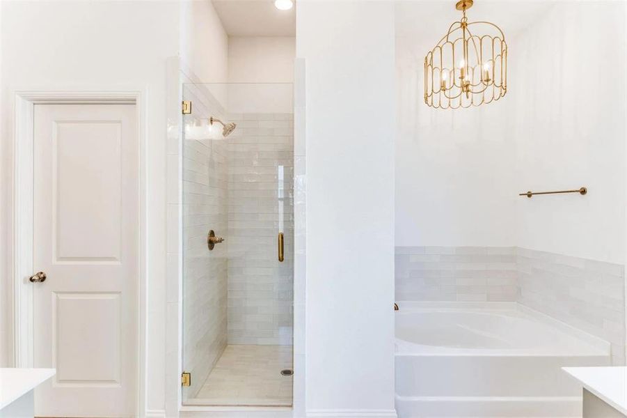 Full bathroom with vanity, a garden tub, and a stall shower