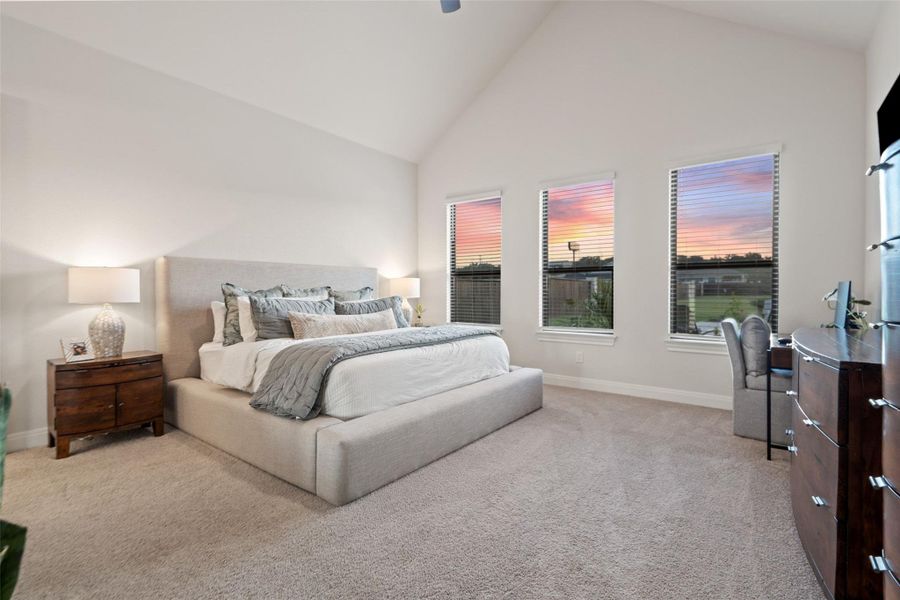 Lofty vaulted ceilings and ample natural light define this inviting primary bedroom retreat. Lofty vaulted ceilings and ample natural light define this inviting primary bedroom retreat.