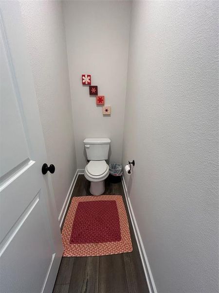 Bathroom featuring dark wood-type flooring and baseboards Bathroom featuring dark wood-type flooring and baseboards