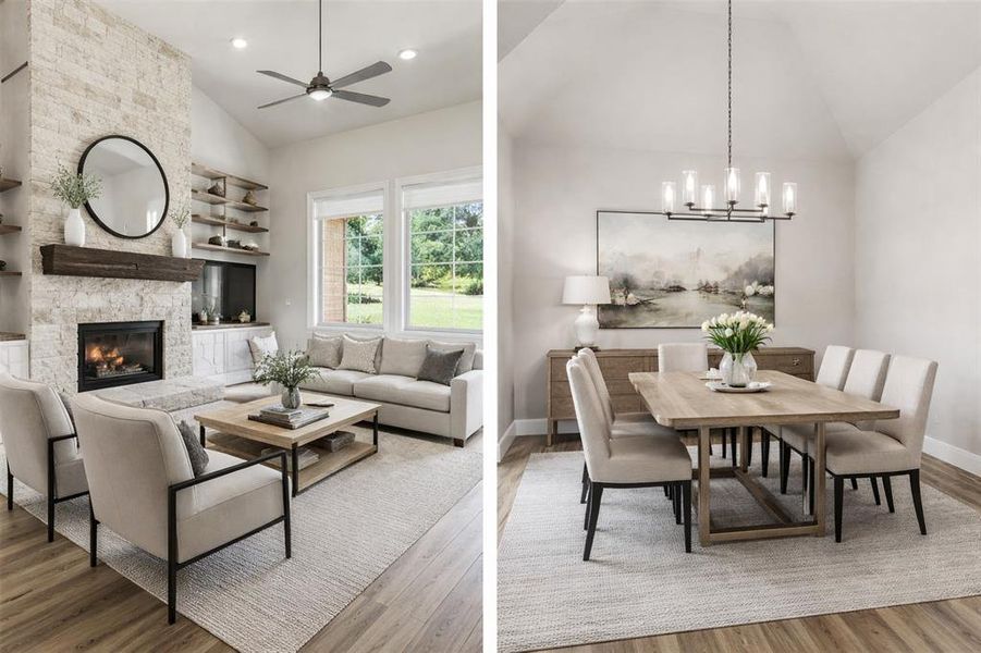 Spacious living area featuring a vaulted ceiling and a stone-clad fireplace with a wood mantel Spacious living area featuring a vaulted ceiling and a stone-clad fireplace with a wood mantel