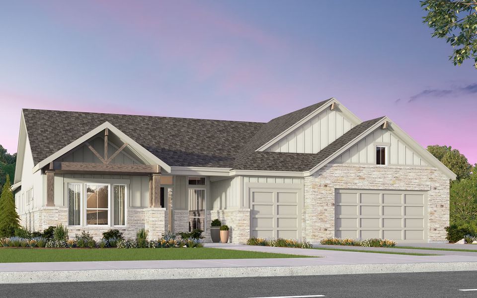 Front exterior of a new home in Kissing Tree, San Marcos, TX, highlighting curb appeal (Image 1). Front exterior of a new home in Kissing Tree, San Marcos, TX, highlighting curb appeal (Image 1).