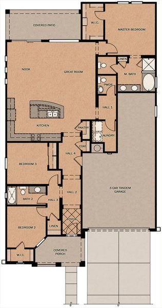 2D floor plan layout for the Textiler by Fulton Homes in Seaboard at Cooley Station, Gilbert, AZ (Image 3).