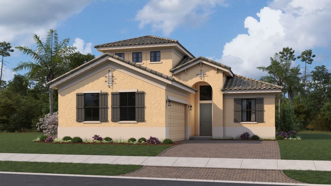 Representative exterior photo of a completed home built from the Leslie by Kolter Homes in Esprit at Avenir, Palm Beach Gardens, FL (Image 24). Representative exterior photo of a completed home built from the Leslie by Kolter Homes in Esprit at Avenir, Palm Beach Gardens, FL (Image 24).