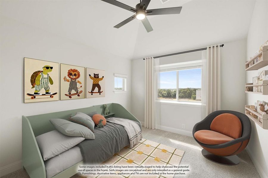 Child's bedroom with green daybed, ceiling fan, animal wall art, and carpeted floor