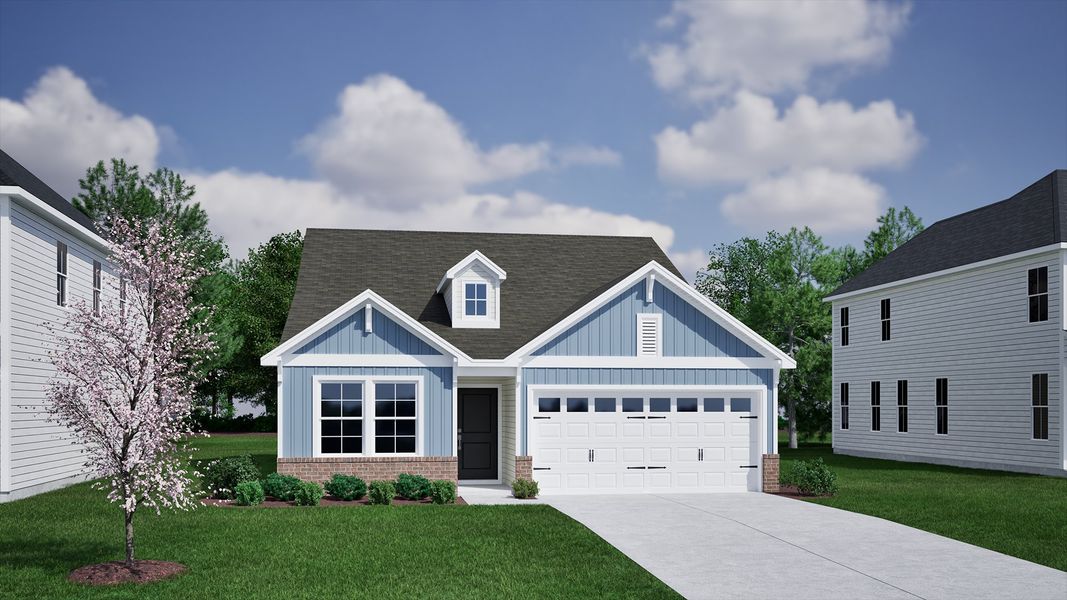 Front exterior of a new home in Ovation at Sweetbrier, Durham, NC, highlighting curb appeal (Image 1).