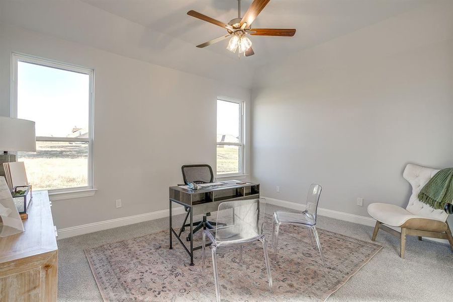 Office area with light carpet and a ceiling fan
