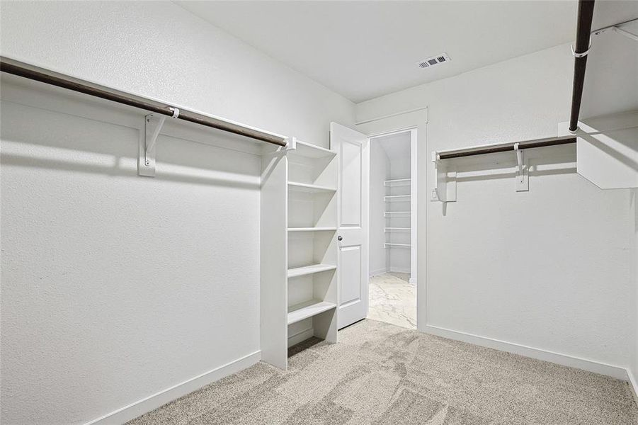 Spacious closet with light colored carpet