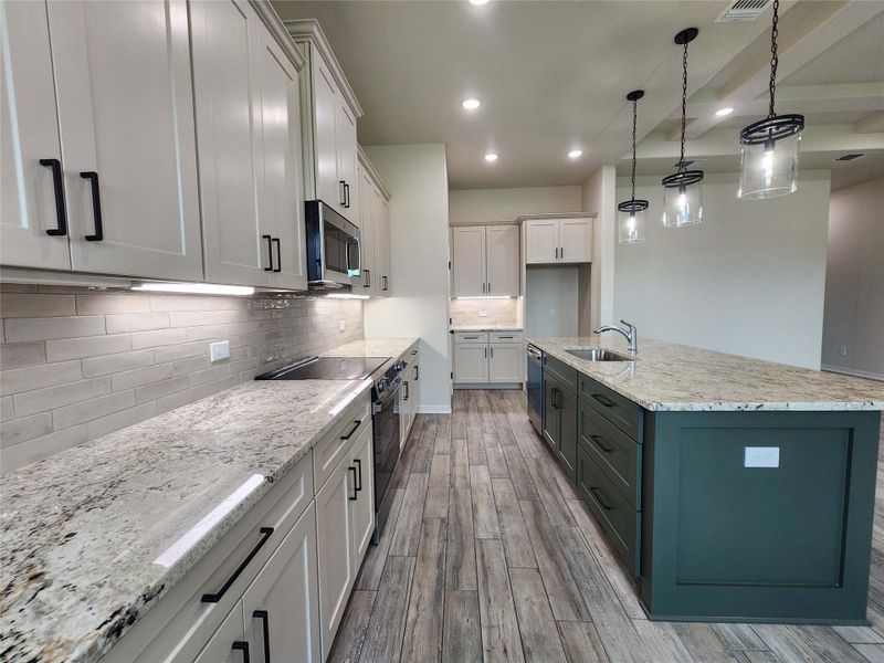 Gourmet kitchen featuring a large island with sink, stainless steel appliances, light-toned cabinetry, and wood-finish flooring