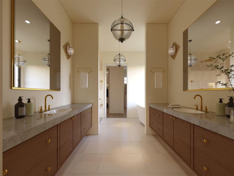 Elevare's signature primary ensuite is a masterclass in timeless elegance, featuring dual vanities, marble countertops with warm white oak cabinetry, brass fixtures and framed mirrors. Globe pendants and wall sconces cast a soft glow, leading to a matte white finish Victoria and Albert soaking tub. Elevare's signature primary ensuite is a masterclass in timeless elegance, featuring dual vanities, marble countertops with warm white oak cabinetry, brass fixtures and framed mirrors. Globe pendants and wall sconces cast a soft glow, leading to a matte white finish Victoria and Albert soaking tub.