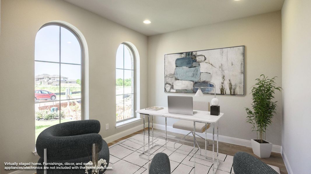 Office featuring wood finished floors, recessed lighting, and baseboards Office featuring wood finished floors, recessed lighting, and baseboards