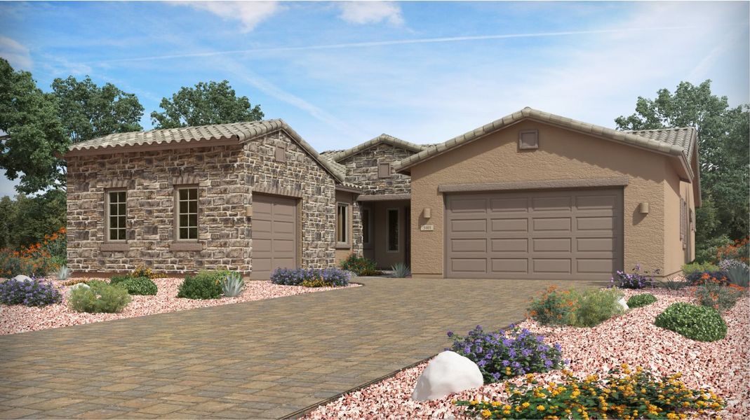 Front exterior of a new home in Los Saguaros, Marana, AZ, highlighting curb appeal (Image 1).
