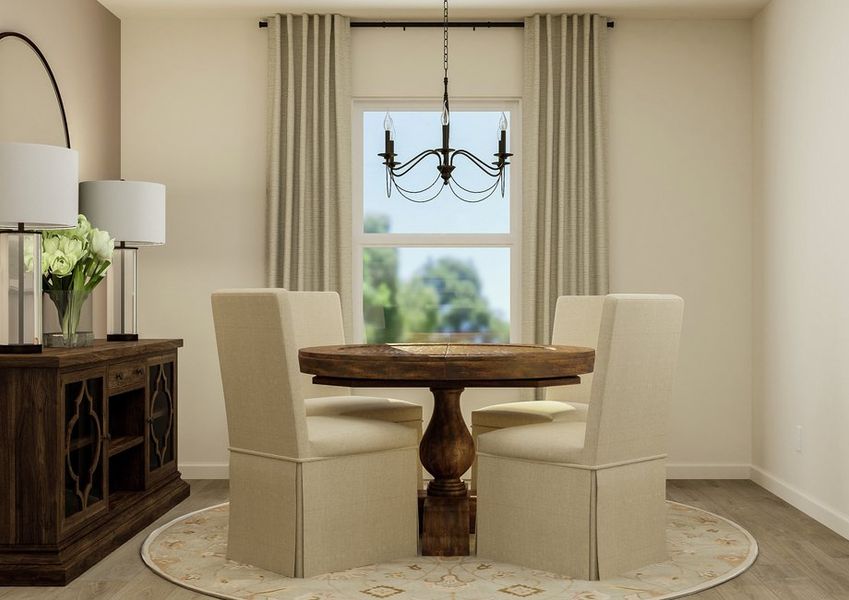 Rendering of the dining area featuring a
round table and four chairs surrounded by natural décor. Rendering of the dining area featuring a
round table and four chairs surrounded by natural décor.