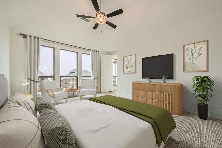 Virtually Staged - Bedroom featuring light colored carpet, ceiling fan, and vaulted ceiling