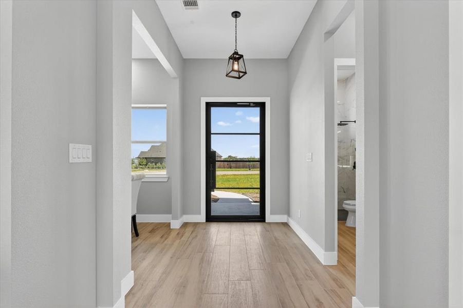Entryway featuring a black-framed glass door, wood-finish flooring, white baseboards, and a modern pendant light