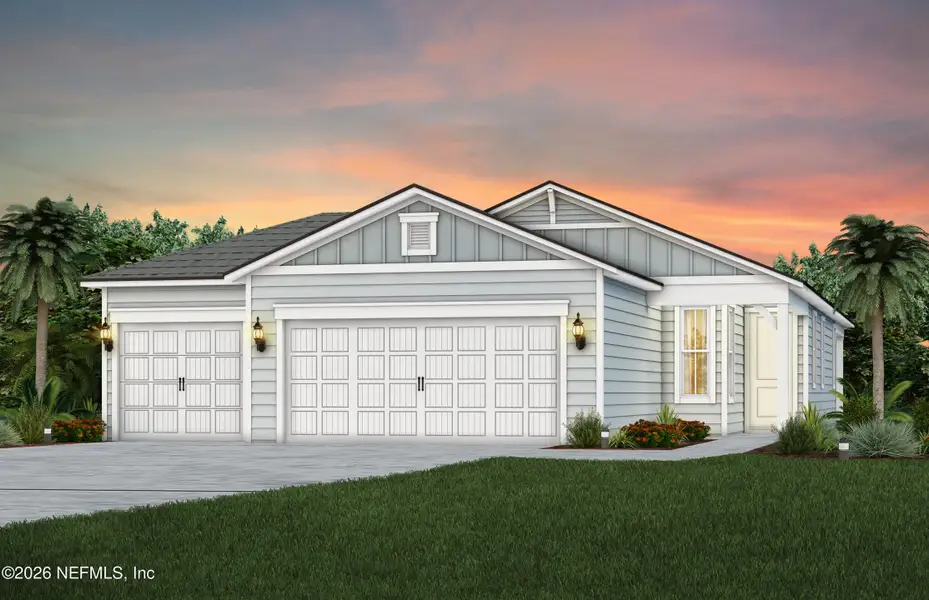 Front exterior of a new home in Seminole Palms, Palm Coast, FL, highlighting curb appeal (Image 1). Front exterior of a new home in Seminole Palms, Palm Coast, FL, highlighting curb appeal (Image 1).