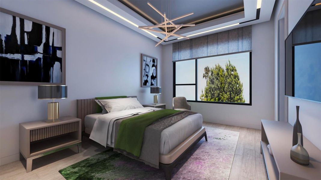 This modern bedroom features a stylish layout with a large window offering natural light and scenic views. It has contemporary furnishings, elegant lighting, and subtle, artistic decor, creating a cozy and inviting atmosphere. Virtually staged. This modern bedroom features a stylish layout with a large window offering natural light and scenic views. It has contemporary furnishings, elegant lighting, and subtle, artistic decor, creating a cozy and inviting atmosphere. Virtually staged.