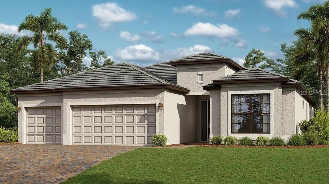 Front exterior of a new home in Rye Ranch, Parrish, FL, highlighting curb appeal (Image 1). Front exterior of a new home in Rye Ranch, Parrish, FL, highlighting curb appeal (Image 1).