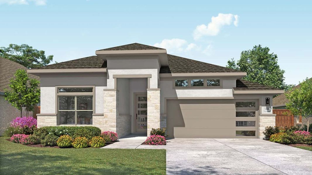 Representative exterior photo of a completed home built from the Mahogany by DRB Homes in Devine Landing, Leander, TX (Image 6). Representative exterior photo of a completed home built from the Mahogany by DRB Homes in Devine Landing, Leander, TX (Image 6).