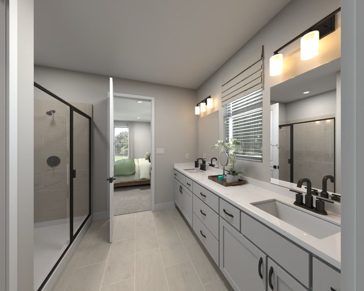The primary bathroom offers dual vanity sinks and a walk-in shower.