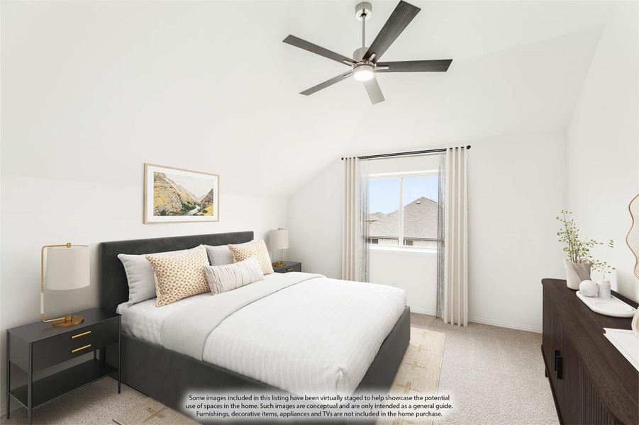 Bedroom with vaulted ceiling, ceiling fan, carpet flooring, and a window with natural light Bedroom with vaulted ceiling, ceiling fan, carpet flooring, and a window with natural light