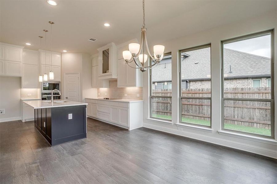 Kitchen featuring white cabinets, pendant lighting, dark hardwood / wood-style flooring, and a kitchen island with sink