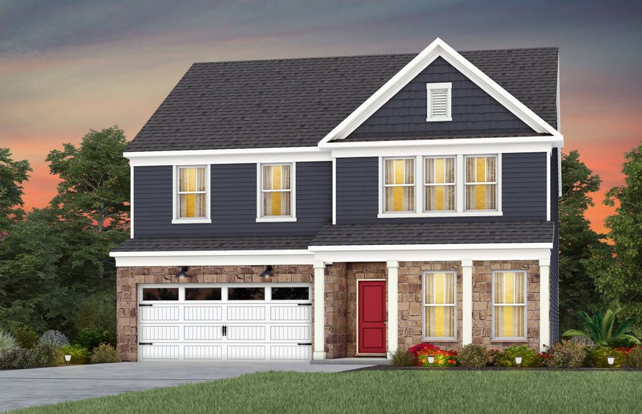Front exterior of a new home in Riverstone, Monroe, NC, highlighting curb appeal (Image 22).