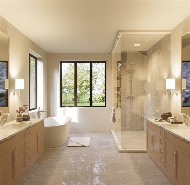 Bathroom with vanity, a wealth of natural light, and independent shower and bath
Artist's Rendition