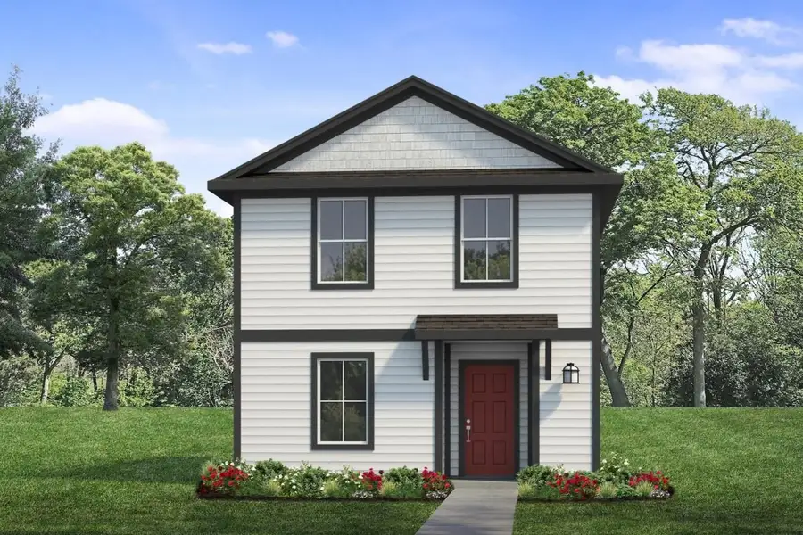 Rendered image of two story white and black home with red door with landscaping and sky Rendered image of two story white and black home with red door with landscaping and sky