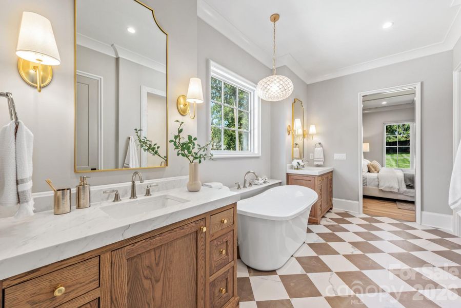 Wood vanities and soaking tub
