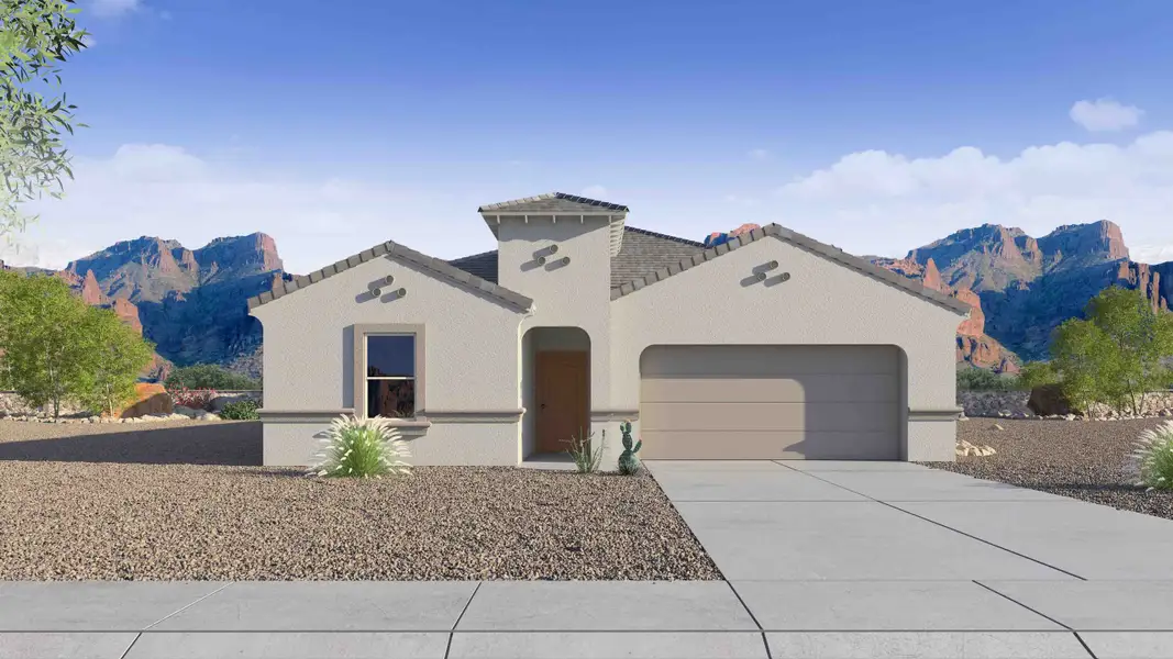 Front exterior of a new home in Radiance at Superstition Vistas, Apache Junction, AZ, highlighting curb appeal (Image 1). Front exterior of a new home in Radiance at Superstition Vistas, Apache Junction, AZ, highlighting curb appeal (Image 1).