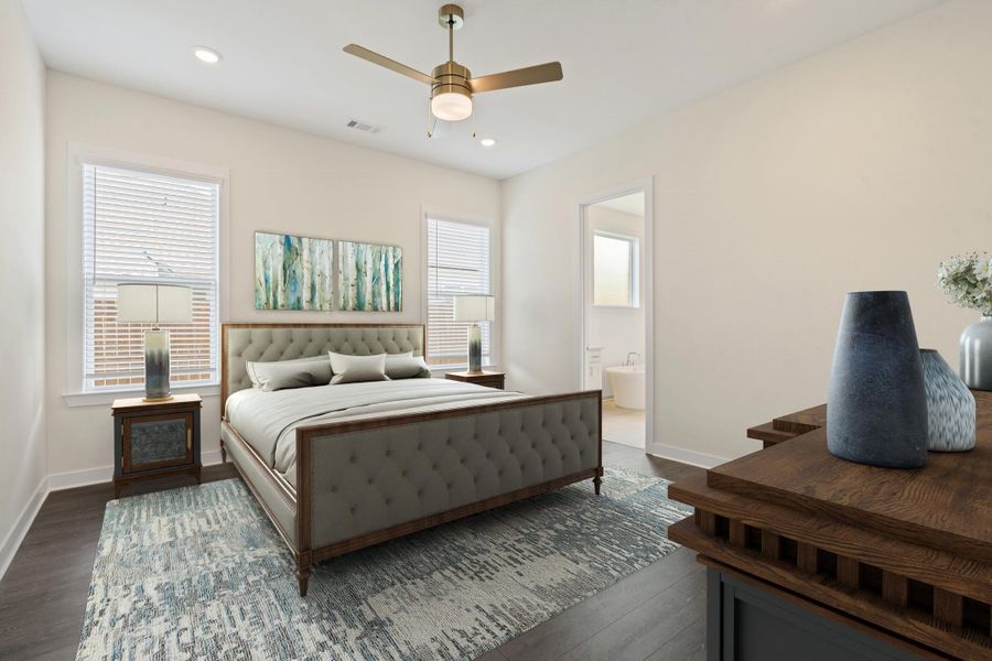 Bedroom featuring wood-finish flooring, recessed lighting, and a ceiling fan with integrated lighting Bedroom featuring wood-finish flooring, recessed lighting, and a ceiling fan with integrated lighting