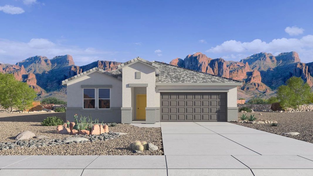 Front exterior of a new home in Magma Ranch Vistas, Florence, AZ, highlighting curb appeal (Image 1). Front exterior of a new home in Magma Ranch Vistas, Florence, AZ, highlighting curb appeal (Image 1).