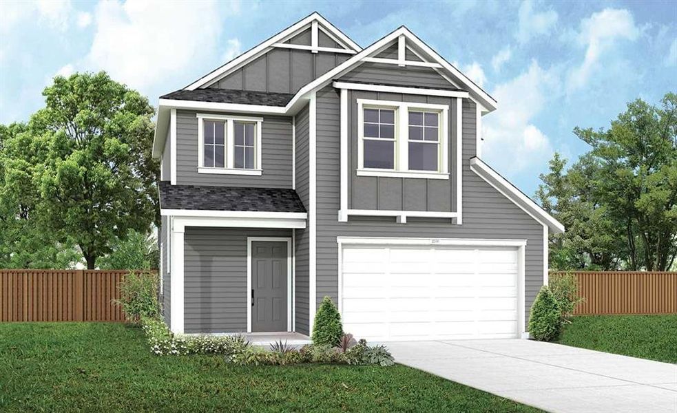 Contemporary two-story residence featuring a gray exterior with white trim accents and gabled rooflines Contemporary two-story residence featuring a gray exterior with white trim accents and gabled rooflines