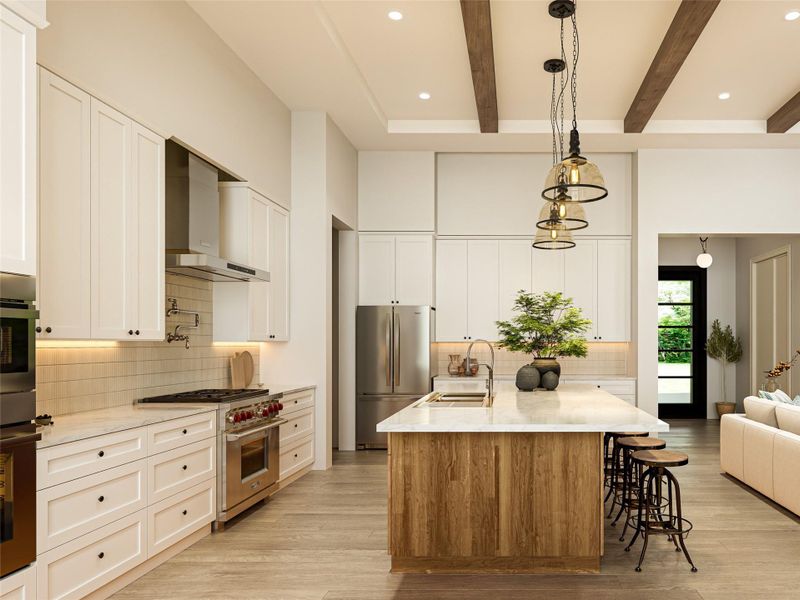 Beamed ceilings and a central island ground this well-appointed gourmet kitchen.