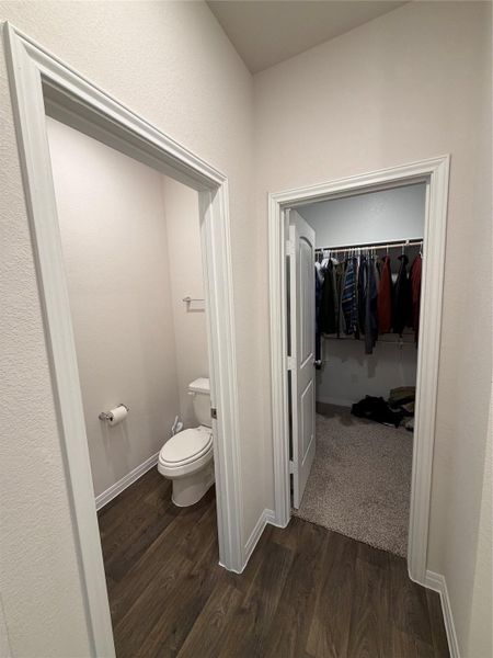 Bathroom featuring a spacious closet, dark wood finished floors, and a textured wall